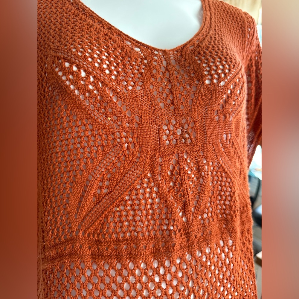 Boho Women’s Crocheted Poncho Swim Cover Up Fringe Hem Pumpkin Spice Rust - Picture 11 of 11